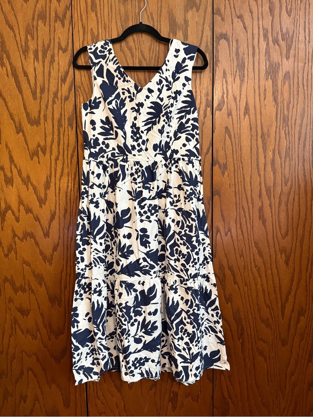 NWT Magaschoni Linen Blend Navy Floral Tiered Midi Dress Size 4